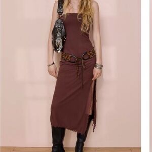 Brown Strapless Midi Dress with Side Slit